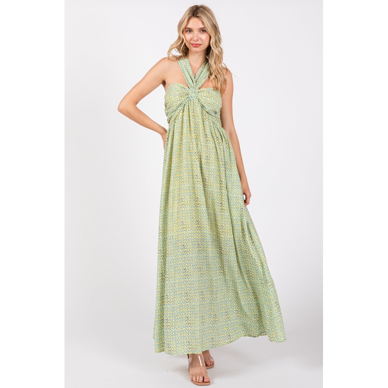 Yellow Print Halter Maxi Dress