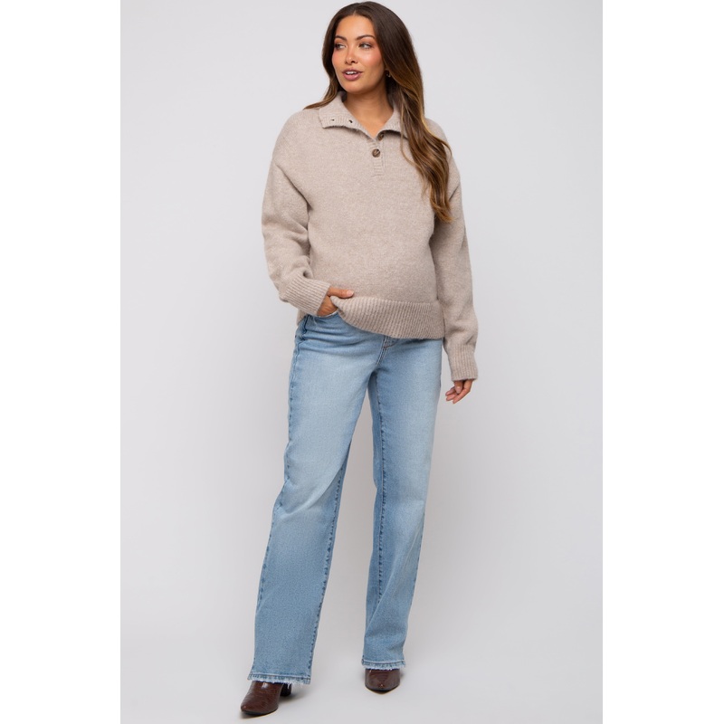 Beige Button Front Maternity Sweater