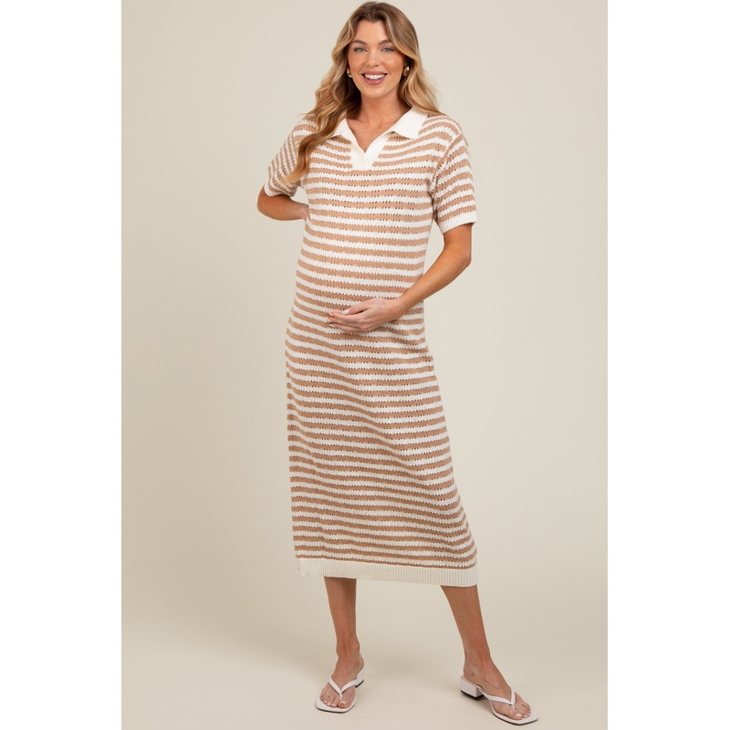 Beige Collared Knit Maxi Maternity Dress