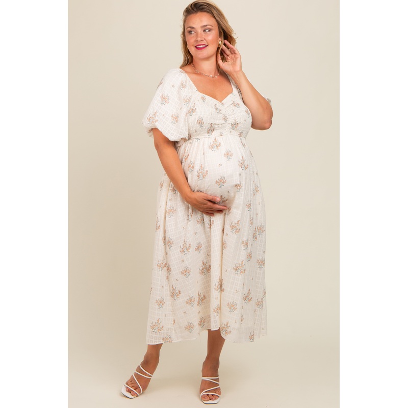 Beige Floral Textured Dot Smocked Sweetheart Neck Maternity Plus Midi Dress