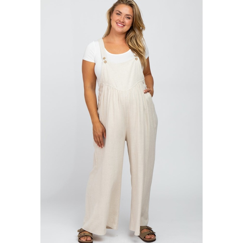Beige Linen Maternity Plus Overalls