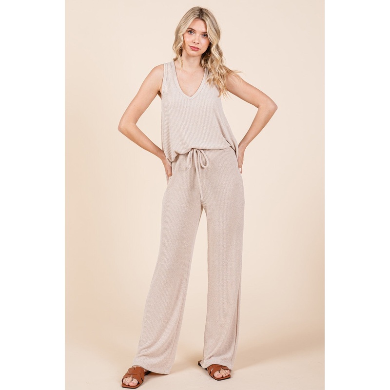 Beige Rib Knit Tank and Pant Set