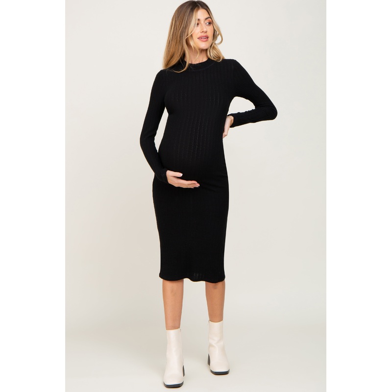 Black Brushed Knit Long Sleeve Mock Neck Maternity Dress