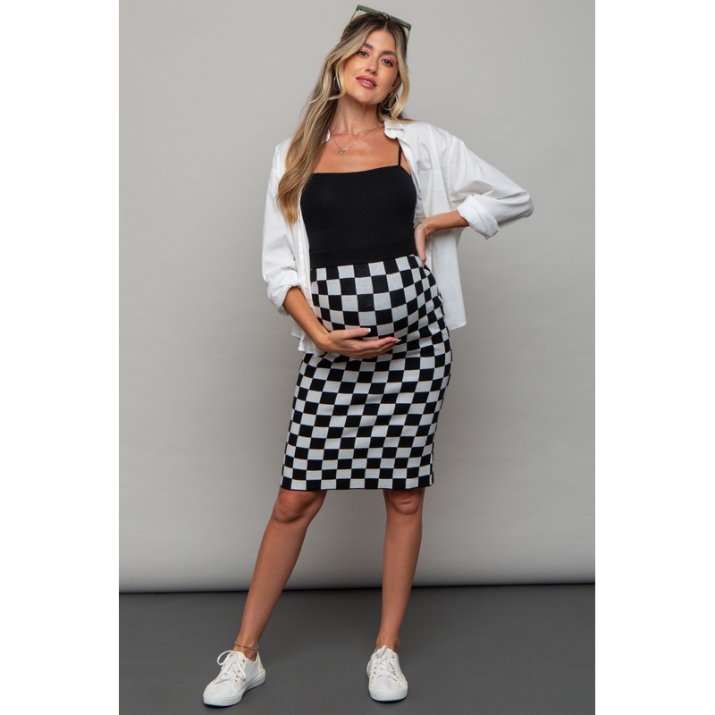 Black Checkered Knit Maternity Skirt