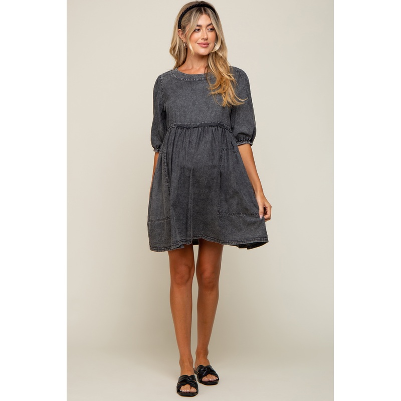 Black Faded Denim Chambray Maternity Mini Dress