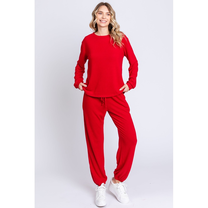 Red Soft Knit Brushed Long Sleeve Lounge Set