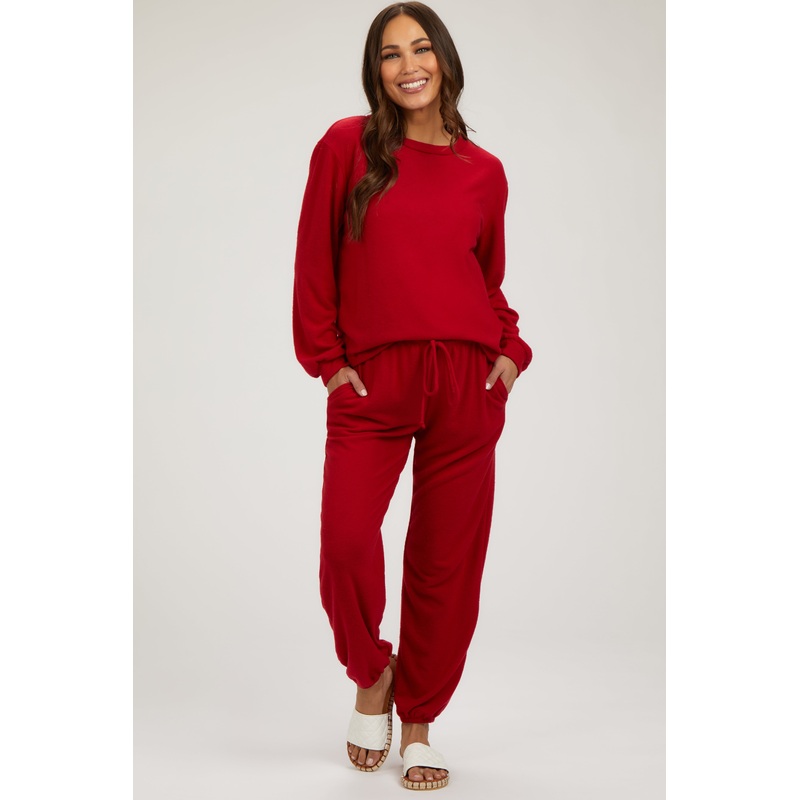 Red Soft Knit Brushed Long Sleeve Maternity Lounge Set