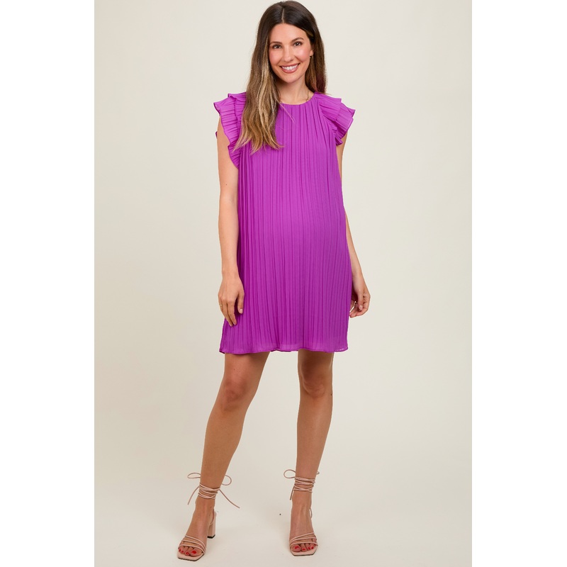 Violet Flutter Sleeve Pleated Chiffon Maternity Mini Dress