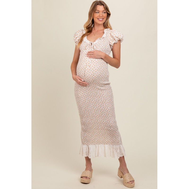 Yellow Floral Smocked Fitted Eyelet Lace Trim Maternity Dress