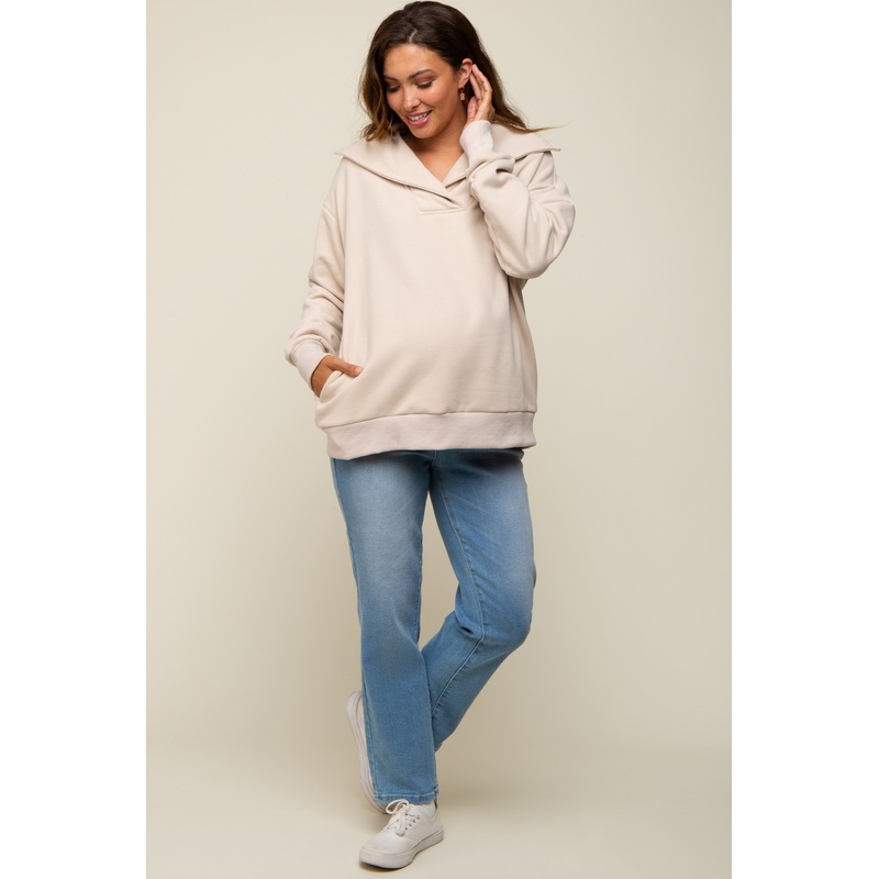 Beige Collared Maternity Pullover
