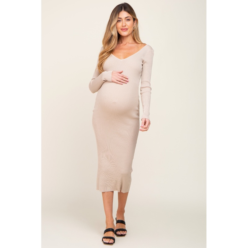 Beige Knit Ribbed Maternity Midi Dress