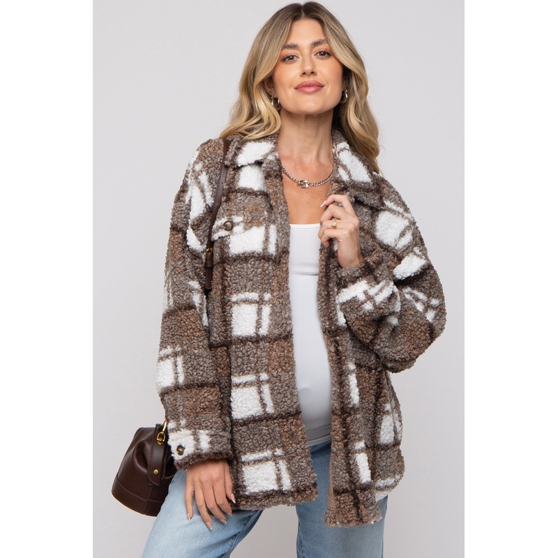 Brown Plaid Sherpa Maternity Jacket