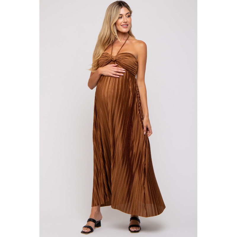 Brown Pleated Halter Maternity Maxi Dress