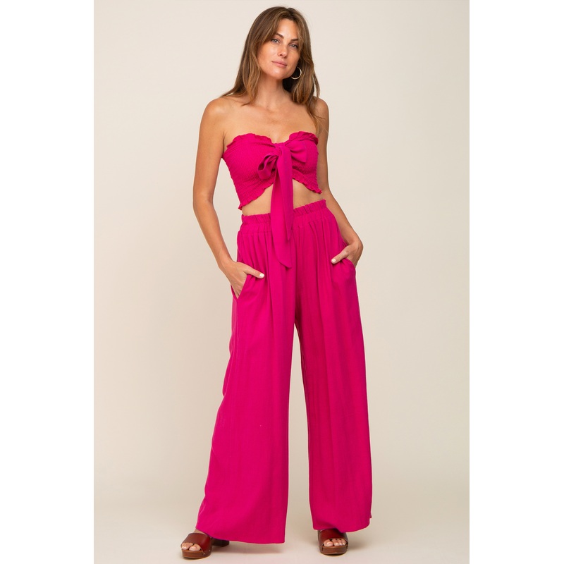 Fuchsia Front Tie Crop Top and Pant Set