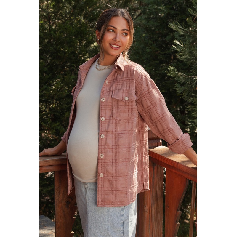 Mauve Plaid Textured Maternity Shirt Jacket