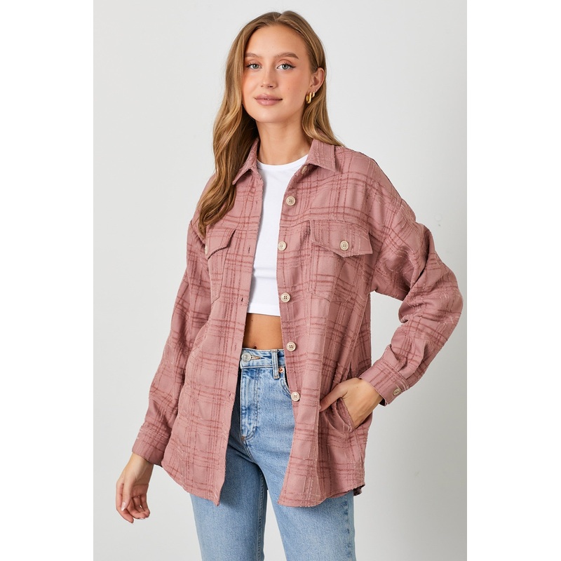 Mauve Plaid Textured Shirt Jacket