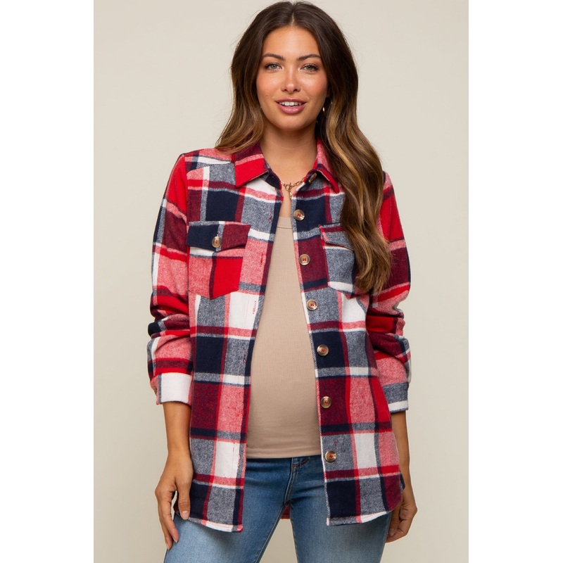 Red Plaid Maternity Shirt Jacket