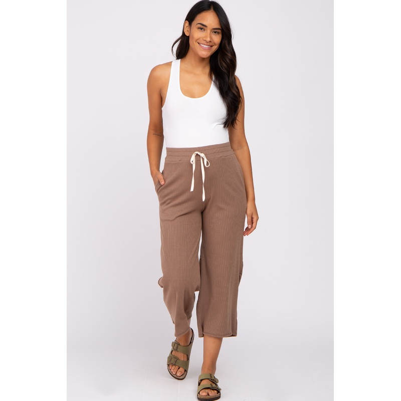 Taupe Ribbed Cropped Wide Leg Maternity Pants
