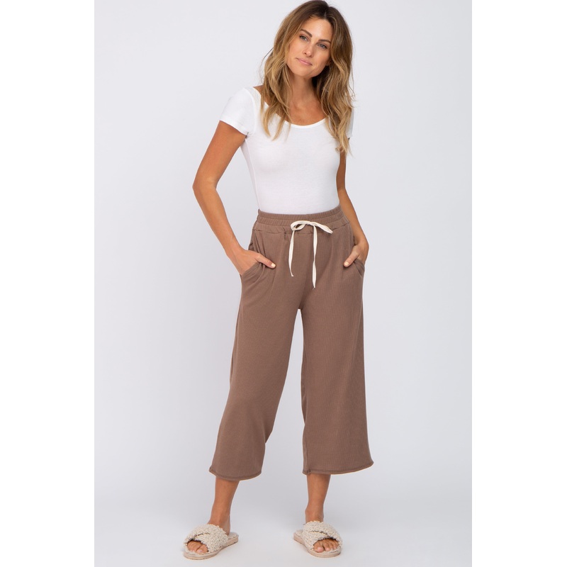 Taupe Ribbed Cropped Wide Leg Pants