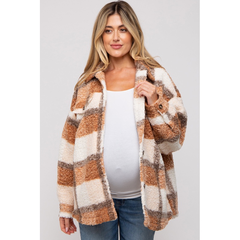 Taupe Textured Plaid Maternity Jacket