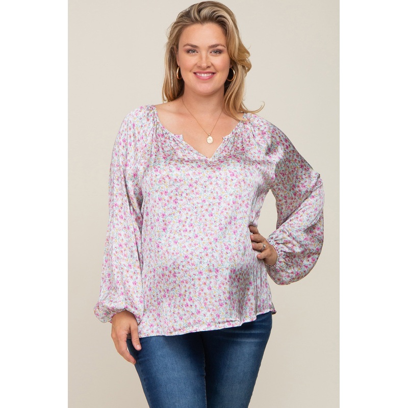 White Micro Floral Plus Maternity Blouse