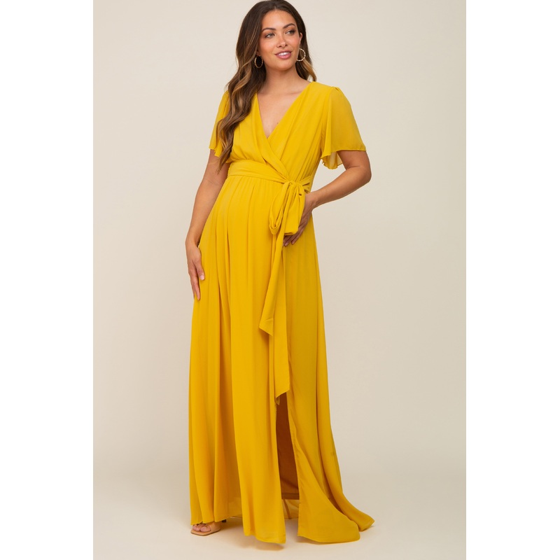 Yellow Chiffon Short Sleeve Wrap V-Neck Front Slit Maternity Maxi Dress