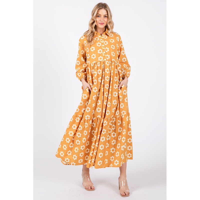 Yellow Floral 3/4 Sleeve Collared Maxi Dress