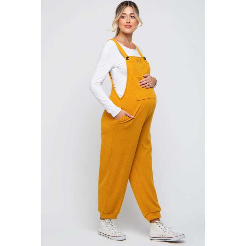 Yellow Front Pocket Knit Maternity Overalls