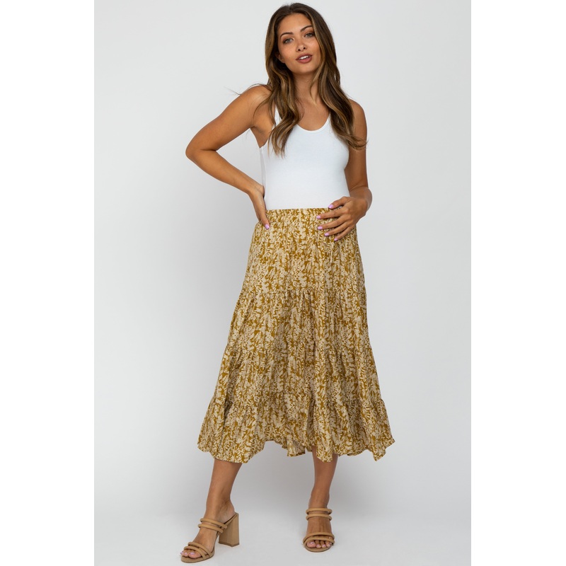 Yellow Leaf Print Tiered Maternity Midi Skirt