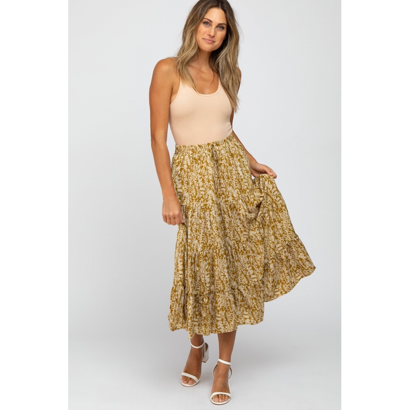 Yellow Leaf Print Tiered Midi Skirt