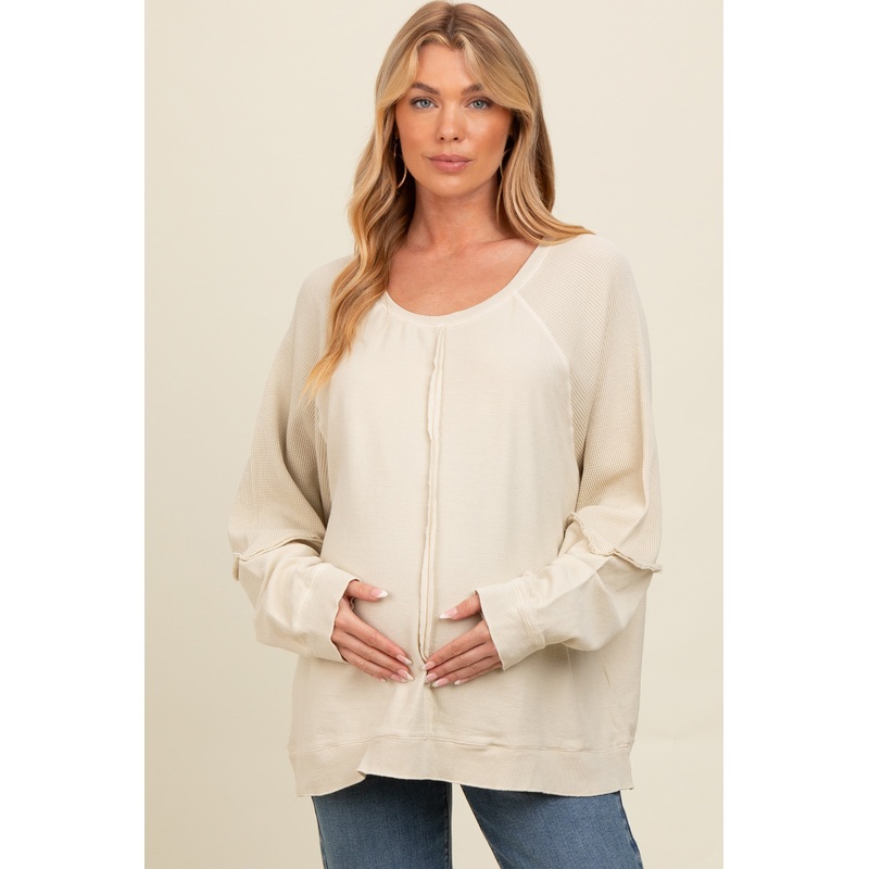 Beige Mixed Knit Raw Hem Maternity Pullover Top