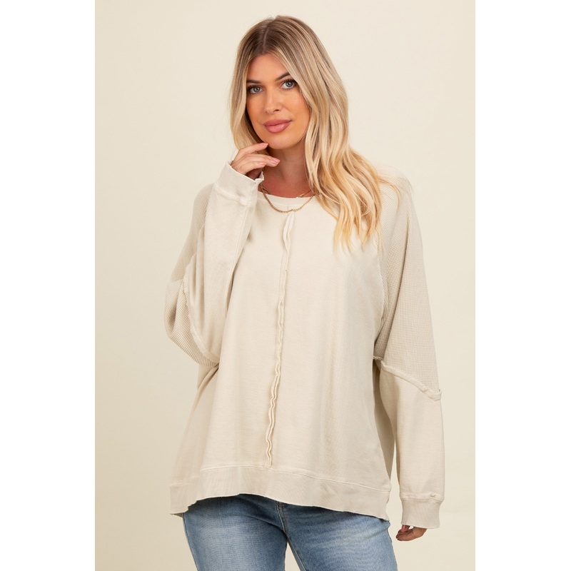 Beige Mixed Knit Raw Hem Pullover Top