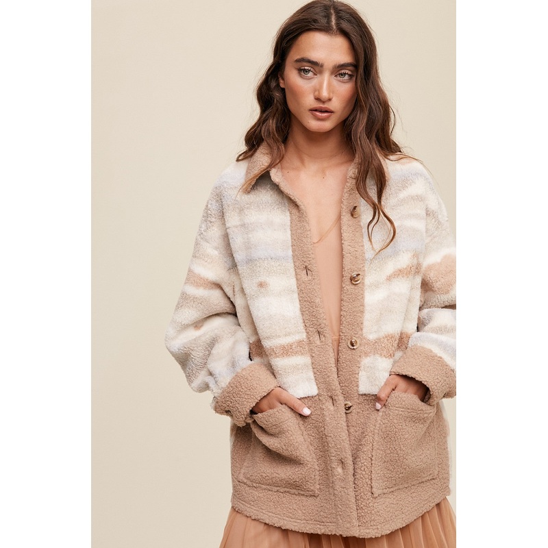 Beige Striped Fuzzy Knit Teddy Jacket