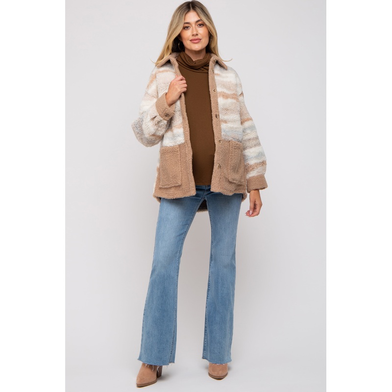 Beige Striped Fuzzy Knit Teddy Maternity Jacket