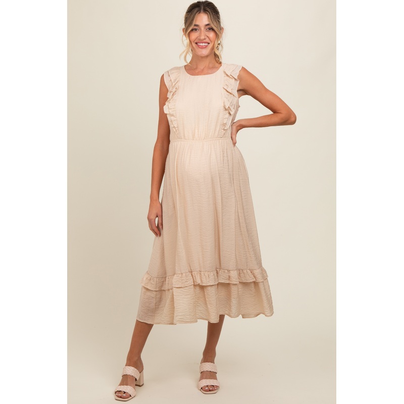 Beige Texture Ruffle Accent Maternity Midi Dress