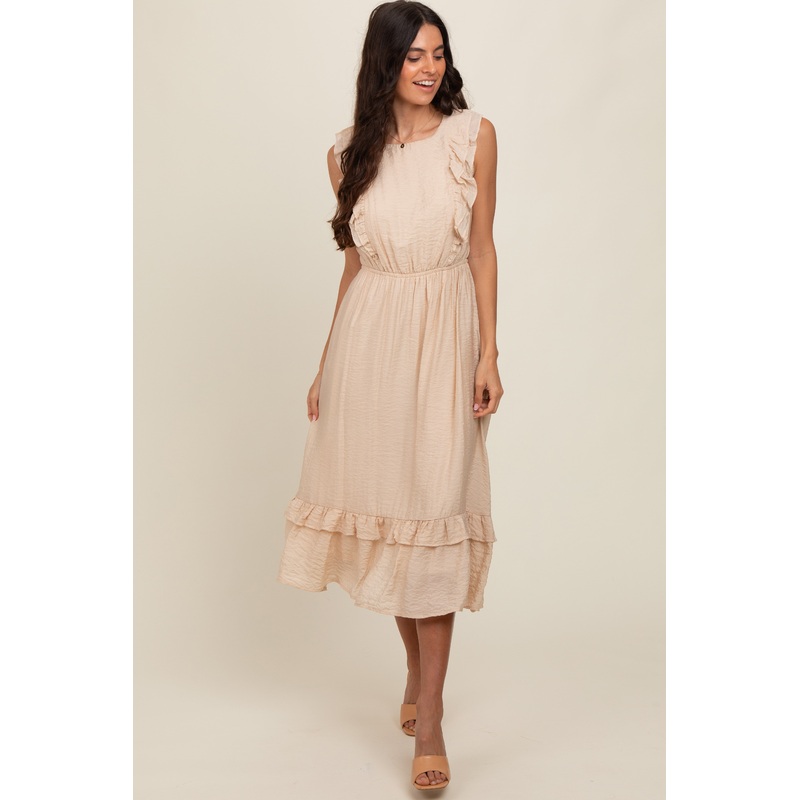 Beige Texture Ruffle Accent Midi Dress