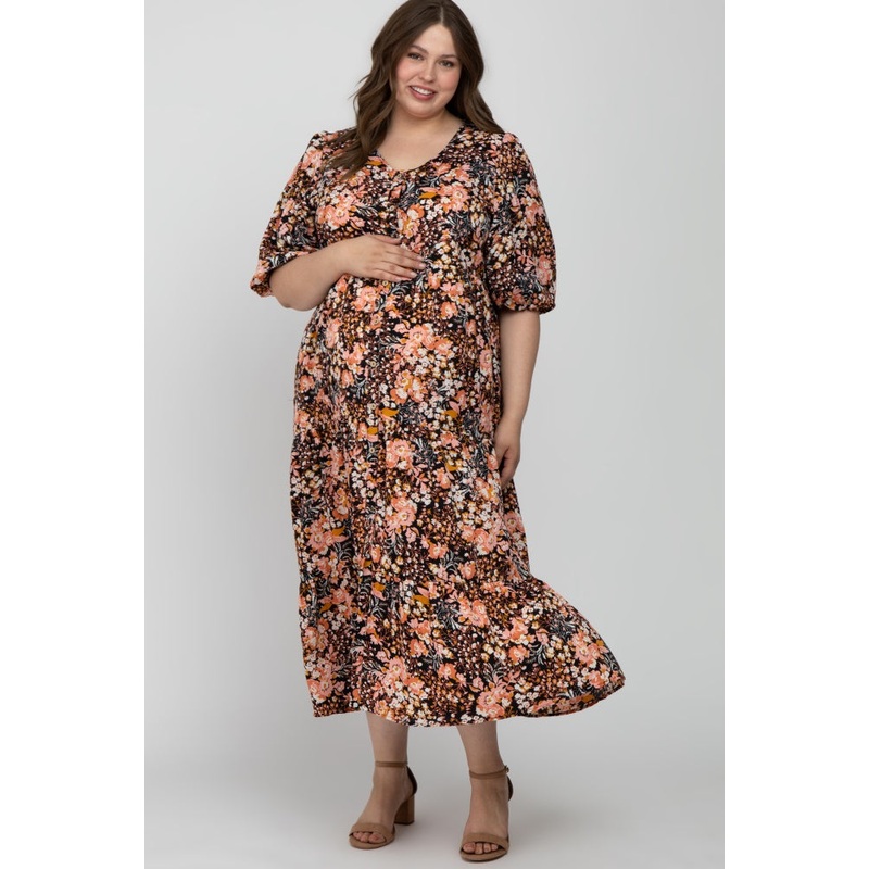 Black Floral Button Front Tiered Maternity Plus Maxi Dress