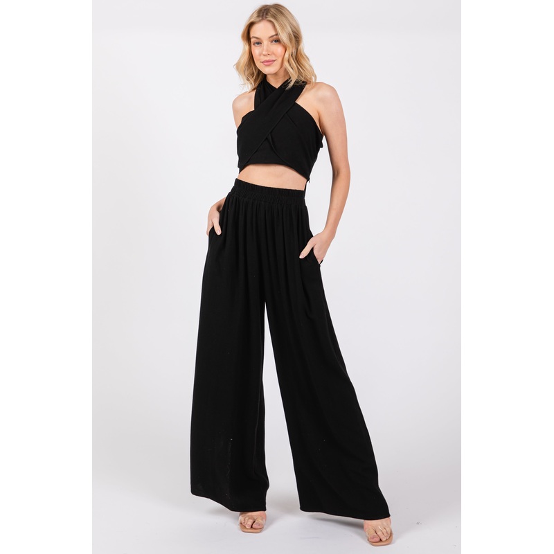Black Linen Smocked Top and Pants Set