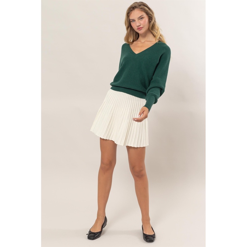 Cream High-Waist Knit Pleated Flare Mini Skirt