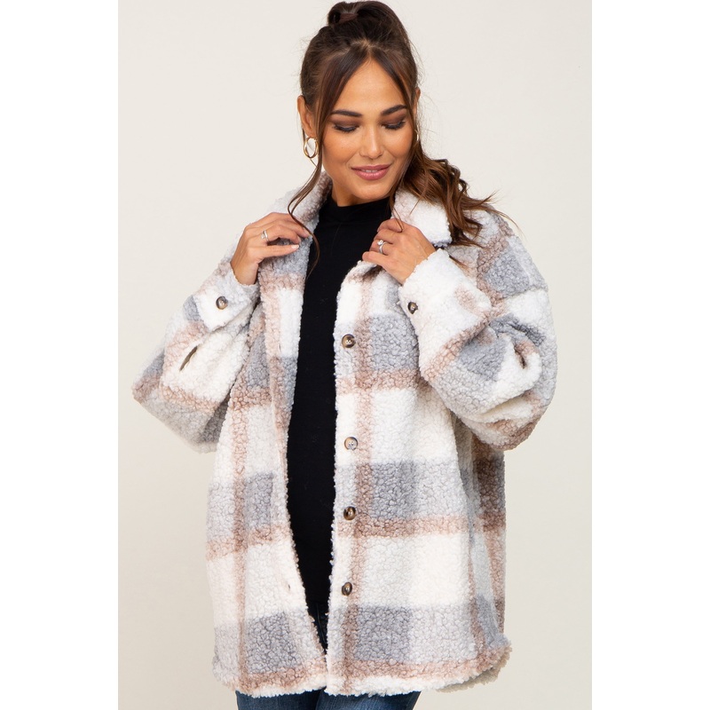 Light Grey Textured Plaid Maternity Jacket