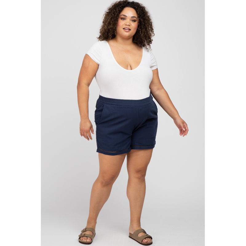 Navy Blue Ladder Trim Maternity Plus Shorts