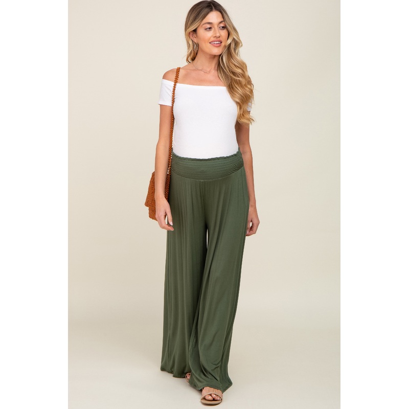 Olive Smocked Waist Flowy Maternity Pants
