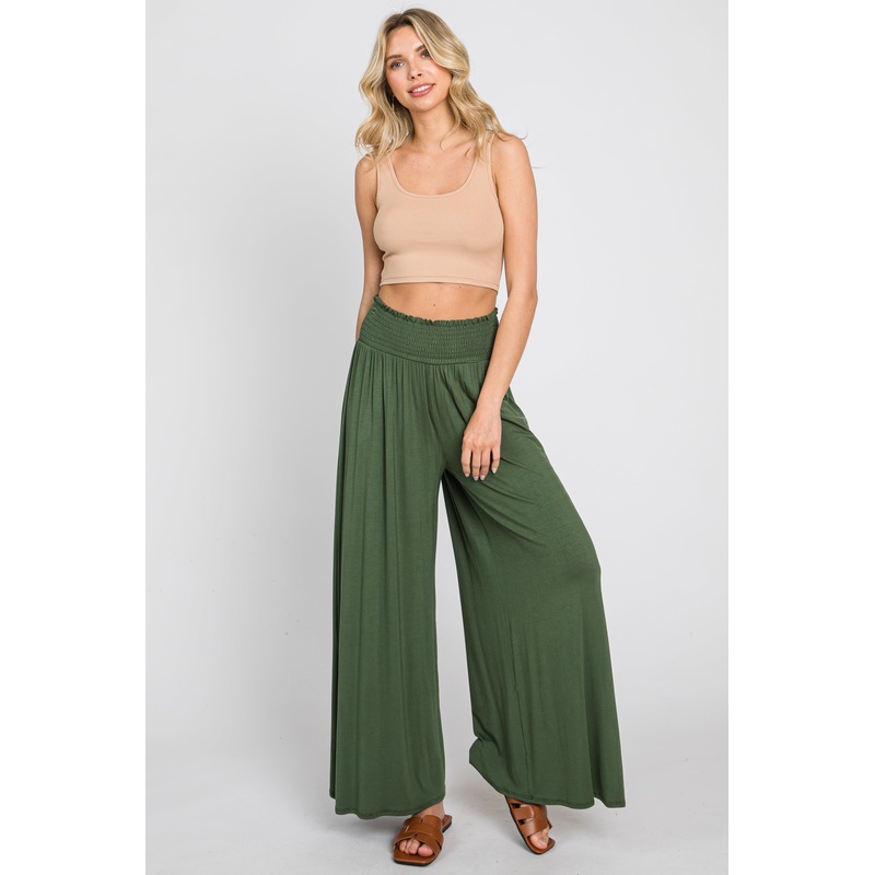 Olive Smocked Waist Flowy Pants