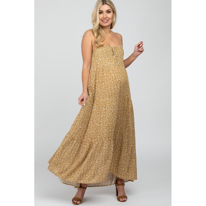 Yellow Floral Front Cutout Tiered Maternity Maxi Dress