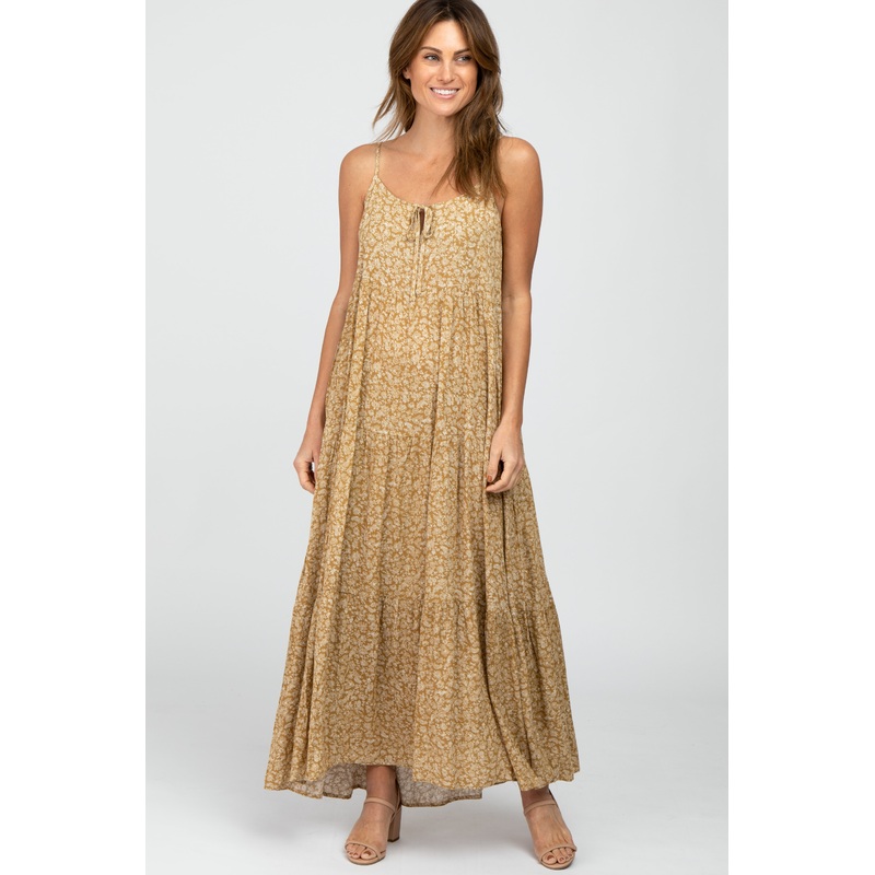 Yellow Floral Front Cutout Tiered Maxi Dress