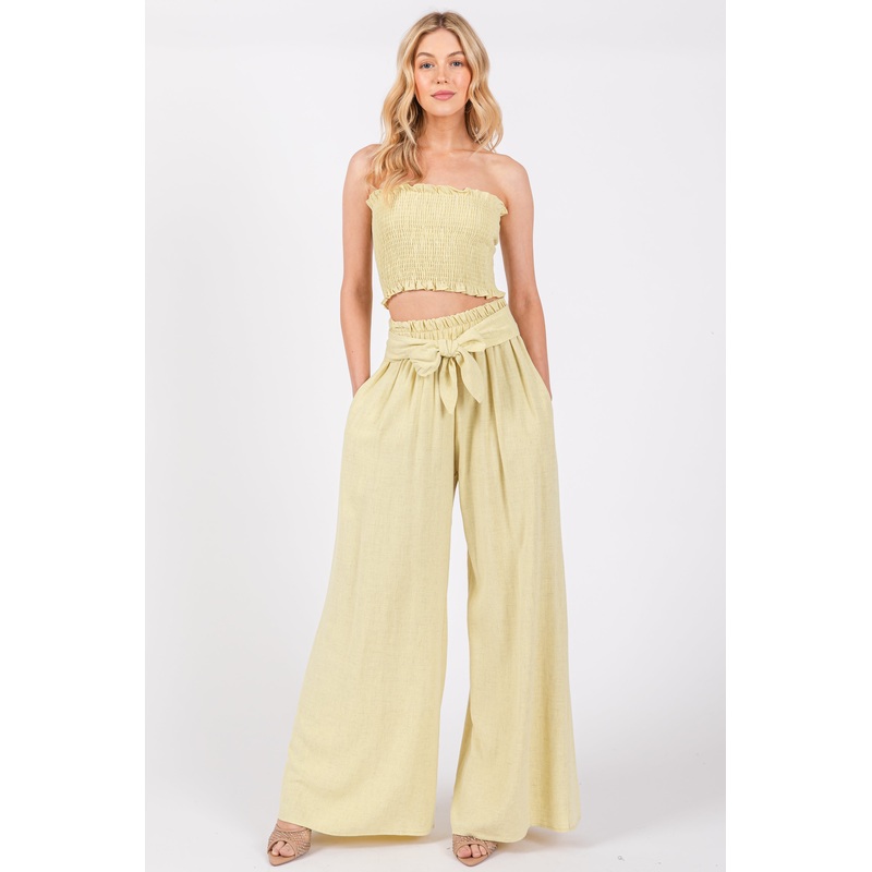 Yellow Front Tie Crop Top and Pant Set