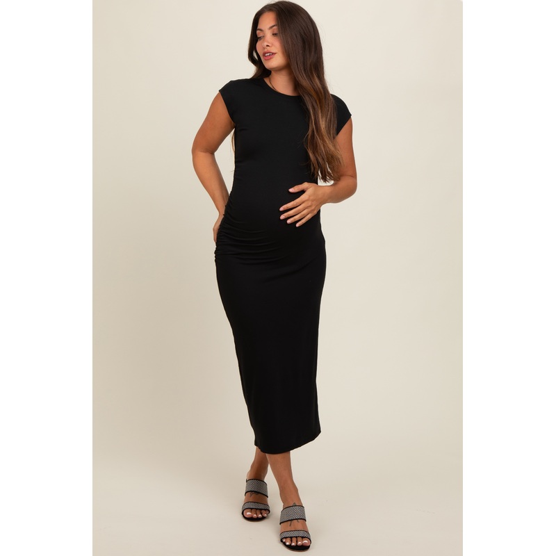 Back Side Ruched Maternity Midi Dress