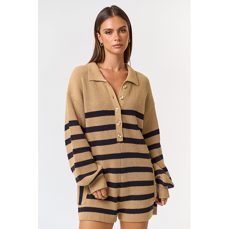 Beige Striped Button Up Collared Sweater Romper