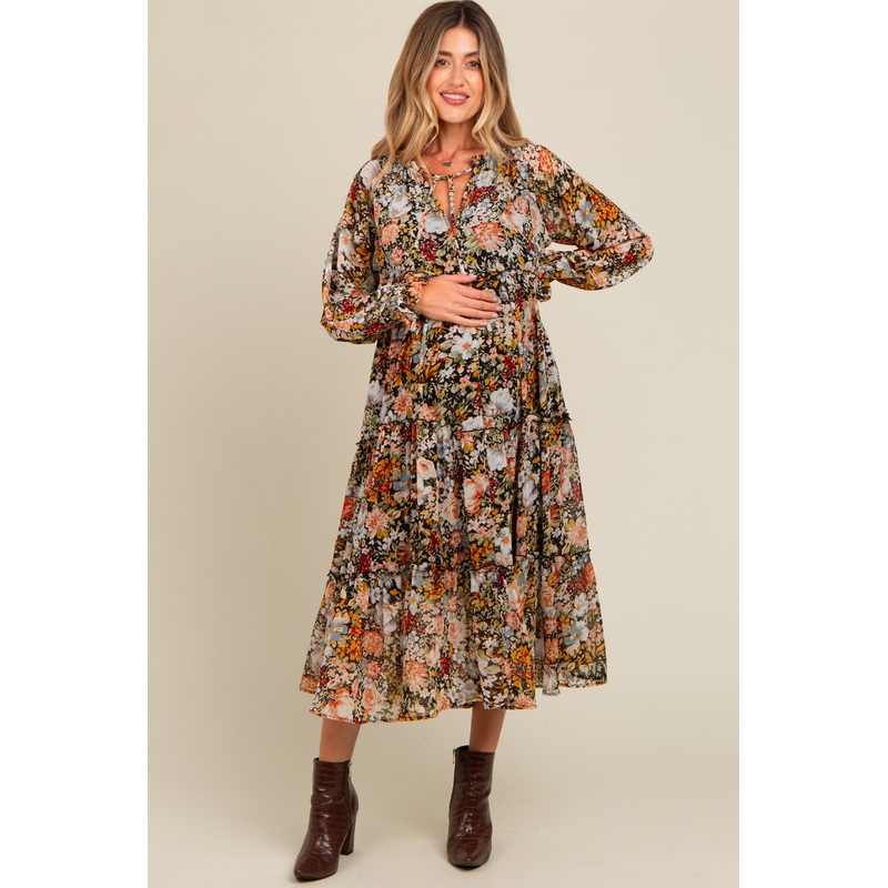Black Floral Chiffon Front Tassel Tie Maternity Midi Dress