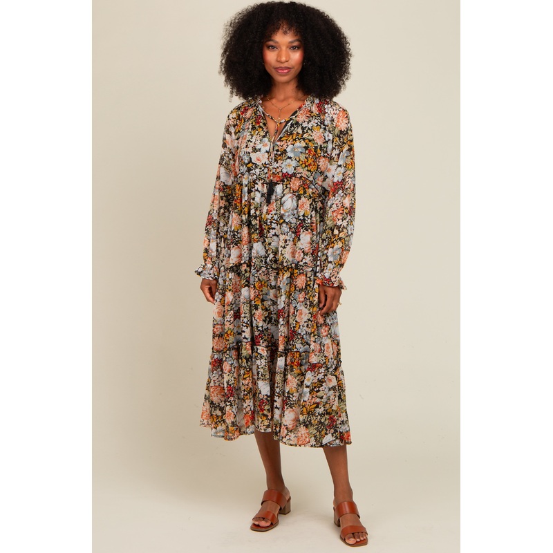 Black Floral Chiffon Front Tassel Tie Midi Dress